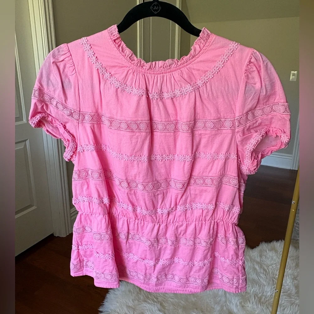 J. Crew Pink Short-Sleeve Lace-Trim Blouse - Size Small